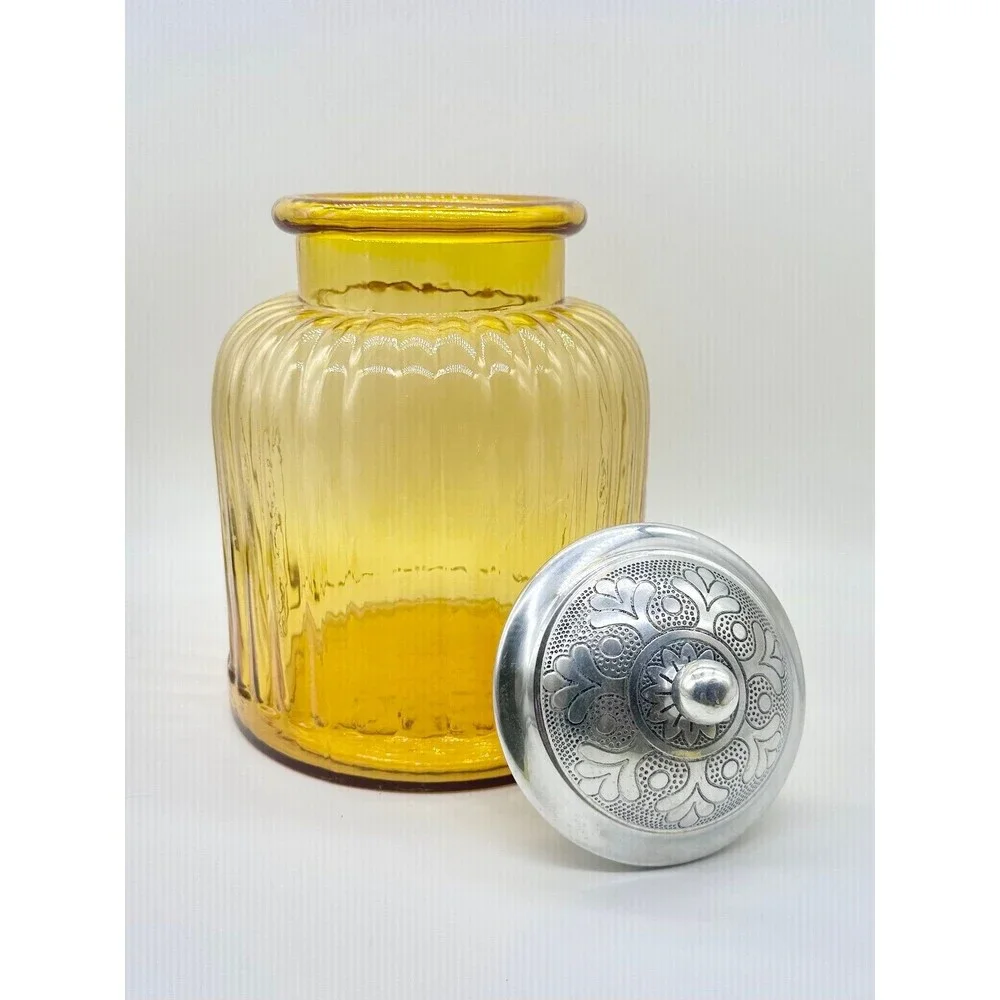 Vintage Amber Artland Apothecary ribbed glass Canister Jar Silver Lid